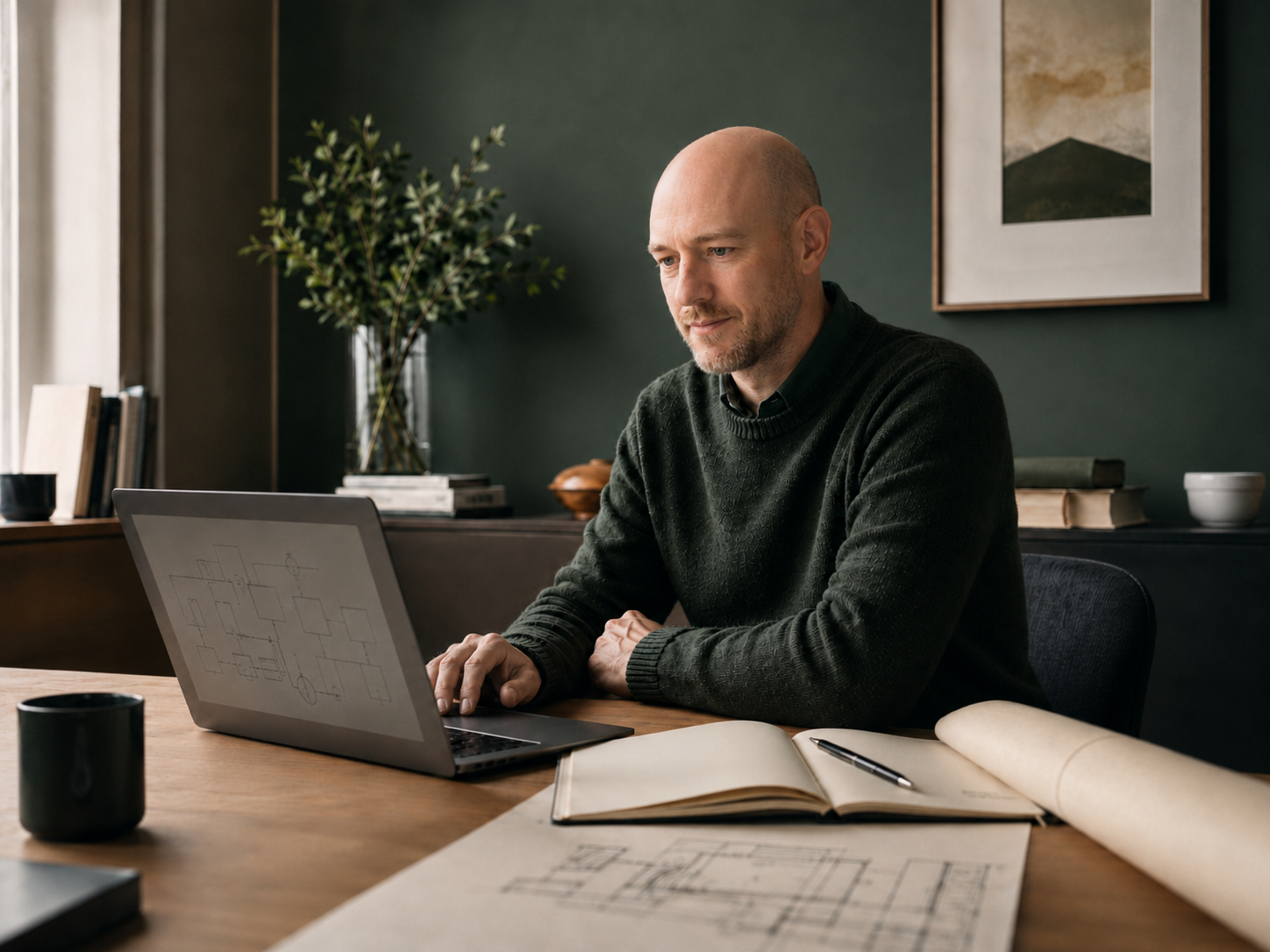A technical consultant reviewing a private operations workflow at a desk.